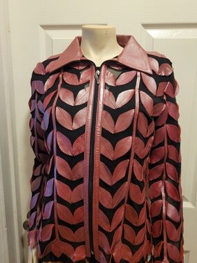 Women’s Black Leather-Trim Jacket with Raspberry Leather Leaf Appliqué